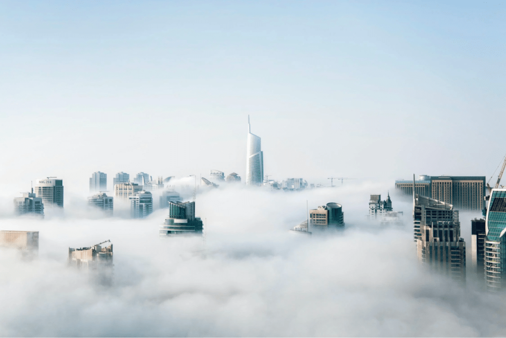 City sky line in the clouds